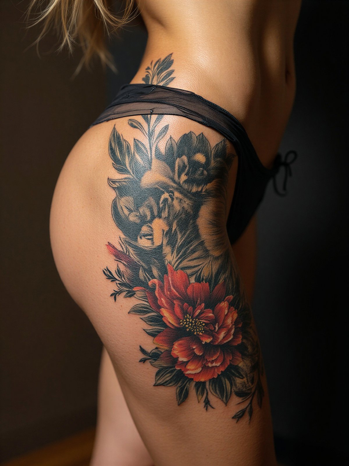 Tatuaż Na Udzie Kobieta Udo Noga Artystyczny Duży Wzór