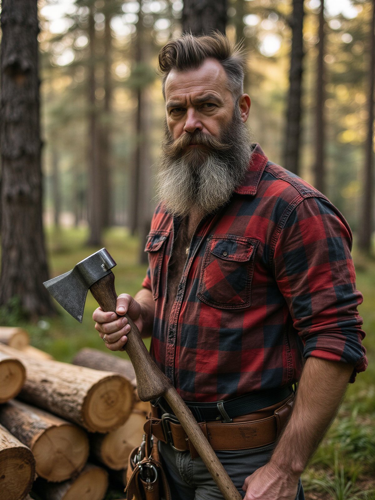 Drwal Mężczyzna Brodaty Koszula W Kratkę Siekiera Las Drewno