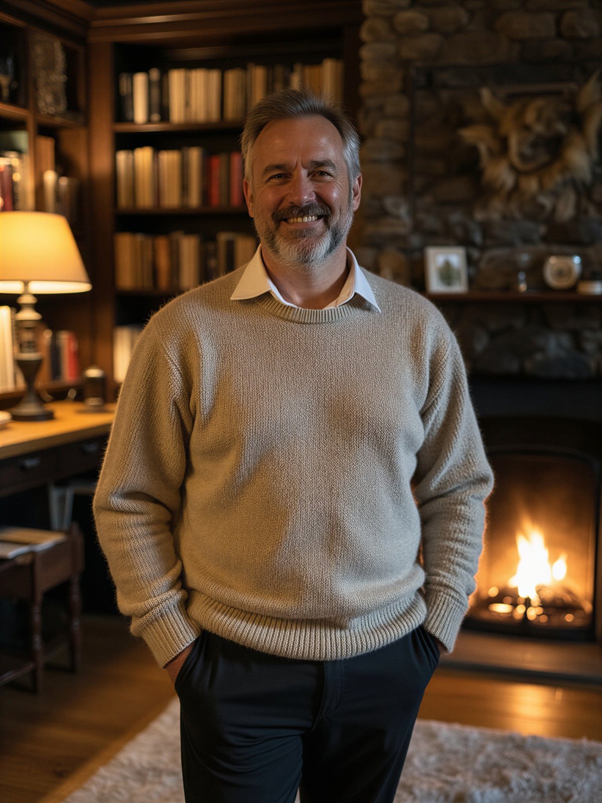 Model Beżowym Swetrze Grubego Splotu Ciemnych Spodniach Stoi