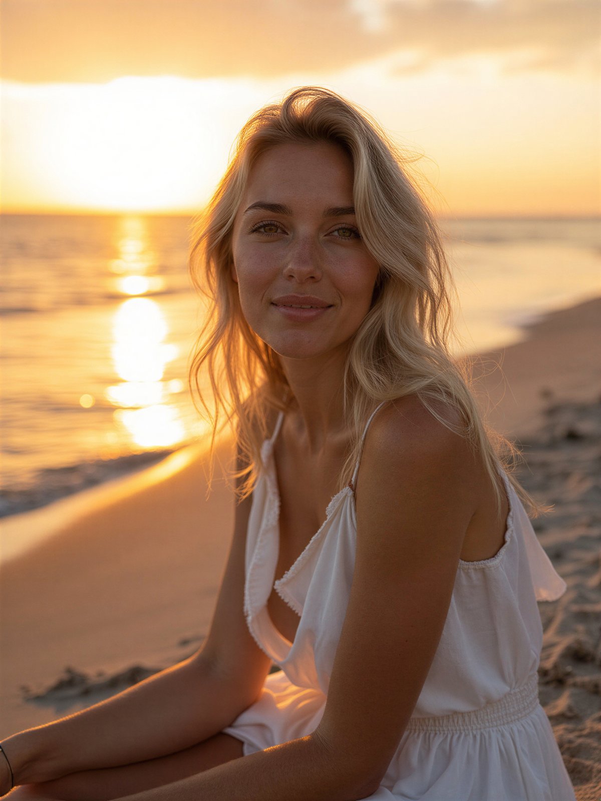 Plaża W Lubiatowie Dziewczyna Siedząca Zachód Słońca Bałtyk